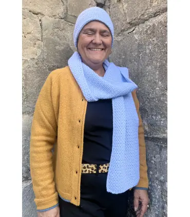 Echarpe en pure laine mérinos maille tricot côte de riz bleu ciel doux et chaud 