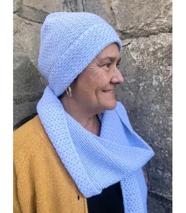 Echarpe en pure laine mérinos maille tricot côte de riz bleu ciel ice blue 