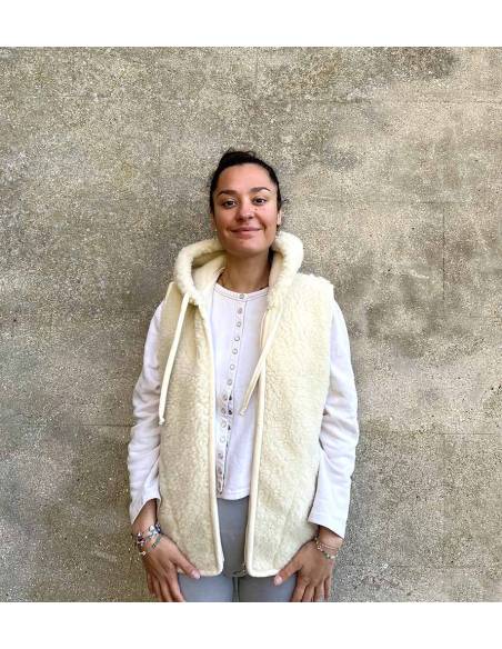 Waistcoat sleevesless pure wool with ZIP and hood