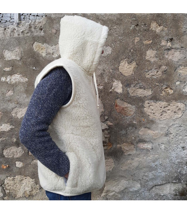 Waistcoat sleevesless pure wool with ZIP and hood