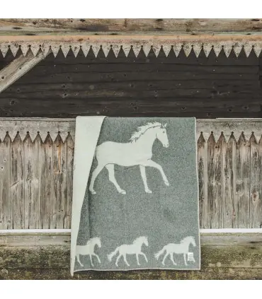 Plaid pure laine vierge motif naif cheval réversible gris