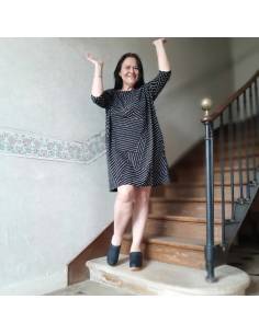 Women's tunic dress with asymmetric patterns in black and white