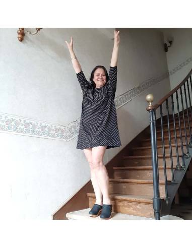 Women's tunic dress with asymmetric patterns in black and white