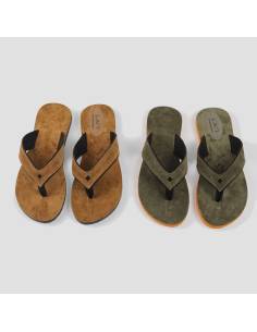 Women's and men's flip-flops in khaki or cognac suede leather