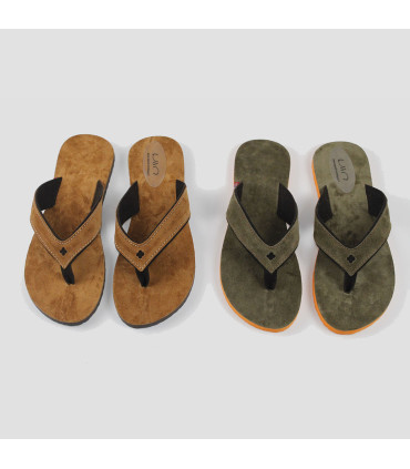 Women's and men's flip-flops in khaki or cognac suede leather