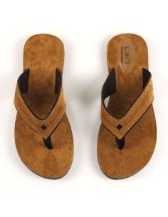 Tong femme et homme en cuir velours kaki ou cognac 2