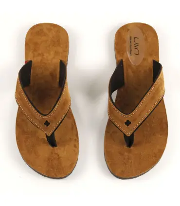 Women's and men's flip-flops in khaki or cognac suede leather