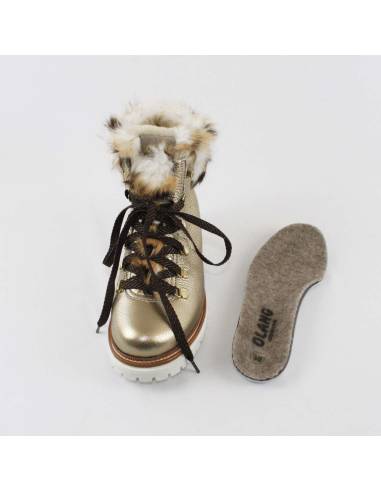 Bottines chaudes en cuir métallisé DORÉ fourrée mouton et col lapin léopard - Olang CORONA