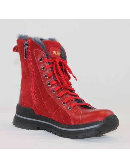 Bottes chaudes pour femme en cuir hydro-suède rouge et fourré en laine véritable