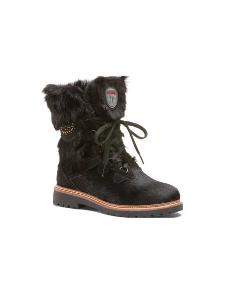 Olang Damen-Stiefel Morgana schwarzes Fell und Rindsleder mit Leopardenmuster