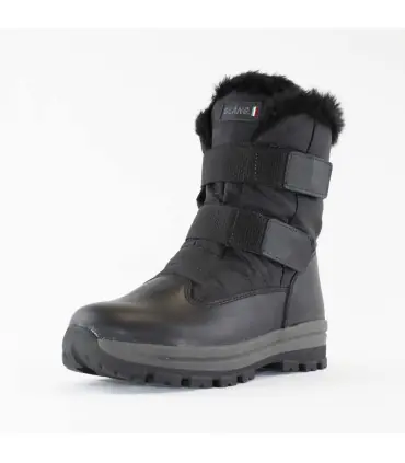 Warme Damenstiefel aus schwarzem, vollnarbigem Leder und Kragen aus Camouflage-Stoff