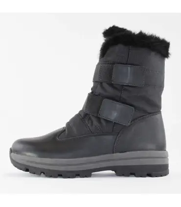 Women's warm boots in black full grain leather and camouflage fabric collar