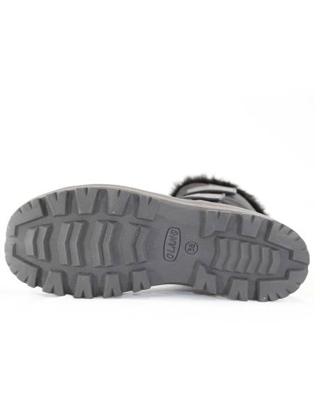 Warme Damenstiefel aus schwarzem, vollnarbigem Leder und Kragen aus Camouflage-Stoff