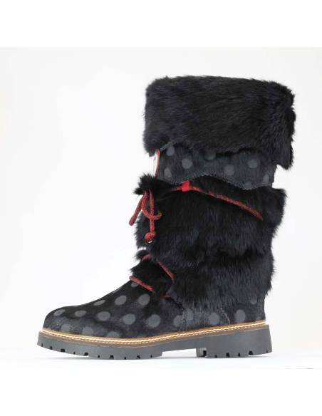 Botas altas de invierno para mujer con parte superior de piel de conejo y pelo de vaca negro