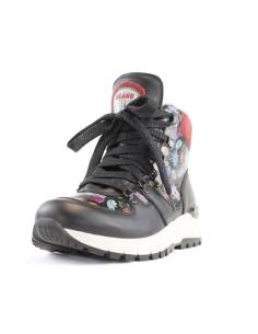 Women's ankle boots in black hydro leather and colored floral upper