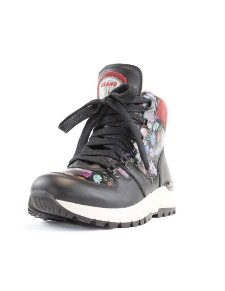 Bottillons  pour Femme en cuir hydro noir et tige fleurie colorée