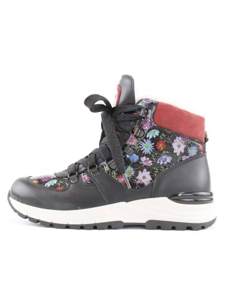 Bottillons  pour Femme en cuir hydro noir et tige fleurie colorée