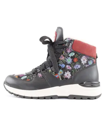 Women's ankle boots in black hydro leather and colored floral upper