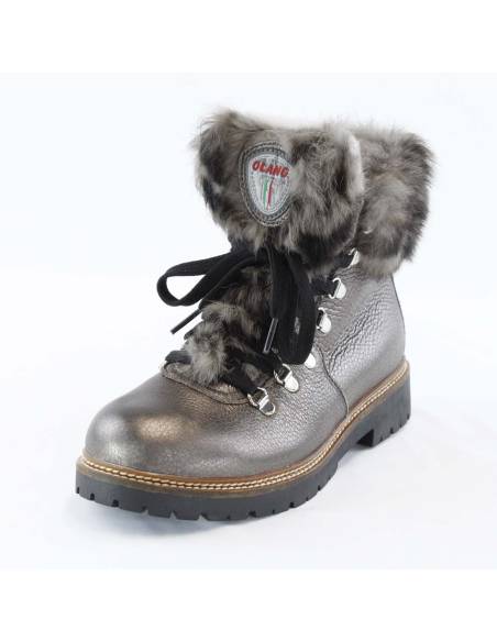 Damenstiefel aus bronzefarbenem Metallic-Leder und Kaninchenkragen mit Leopardenmuster