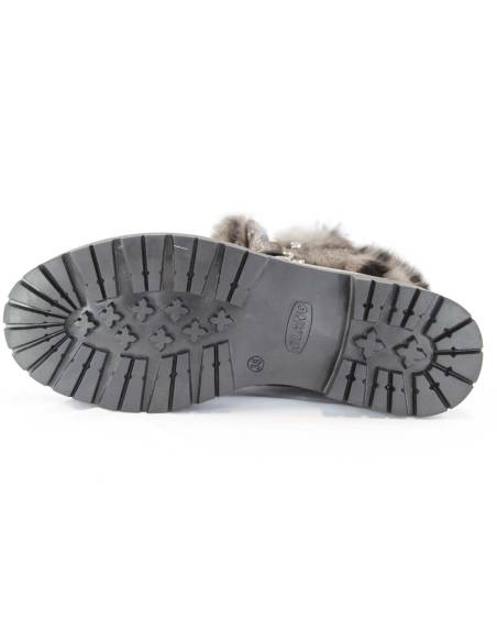 Damenstiefel aus bronzefarbenem Metallic-Leder und Kaninchenkragen mit Leopardenmuster