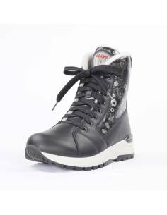 Damen-Winterstiefel aus schwarzem Leder und Kragen aus schwarzem Lackleder mit Blumenmuster