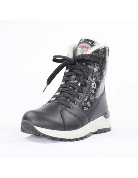 Bottes d'hiver pour femme en cuir noir et col en cuir vernis fleuri noir