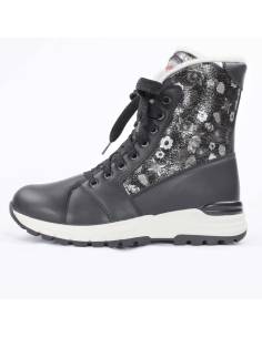 Damen-Winterstiefel aus schwarzem Leder und Kragen aus schwarzem Lackleder mit Blumenmuster 2