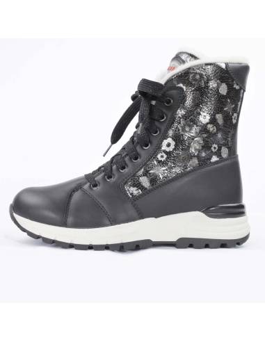 Bottes d'hiver pour femme en cuir noir et col en cuir vernis fleuri noir