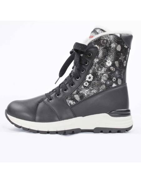 Bottes d'hiver pour femme en cuir noir et col en cuir vernis fleuri noir