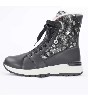 Damen-Winterstiefel aus schwarzem Leder und Kragen aus schwarzem Lackleder mit Blumenmuster