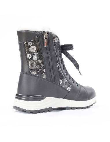 Damen-Winterstiefel aus schwarzem Leder und Kragen aus schwarzem Lackleder mit Blumenmuster