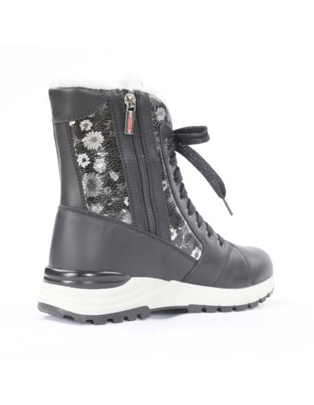 Bottes d'hiver pour femme en cuir noir et col en cuir vernis fleuri noir