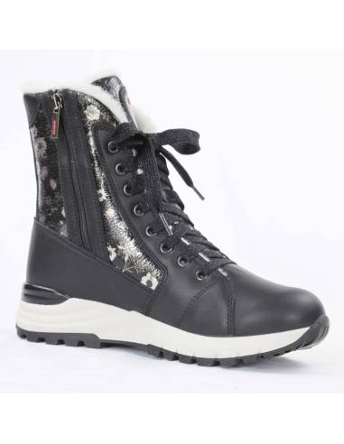 Bottes d'hiver pour femme en cuir noir et col en cuir vernis fleuri noir