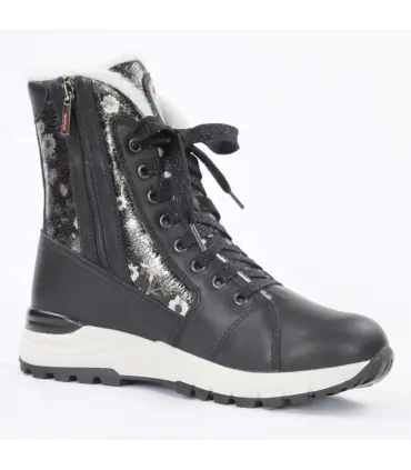 Damen-Winterstiefel aus schwarzem Leder und Kragen aus schwarzem Lackleder mit Blumenmuster