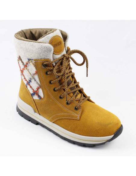 Chaussures chaudes pour femme en cuir hydro jaune et col en laine véritable à motifs