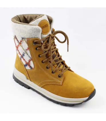 Chaussures chaudes pour femme en cuir hydro jaune et col en laine véritable à motifs