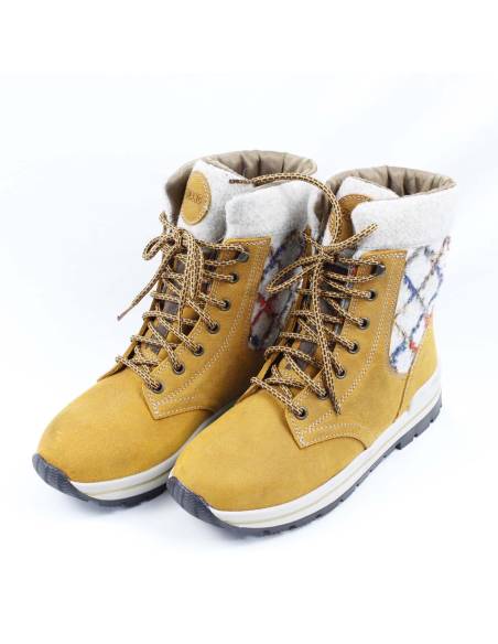 Chaussures chaudes pour femme en cuir hydro jaune et col en laine véritable à motifs