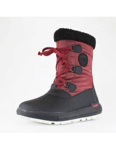 Cálidas botas de invierno para mujer en poliéster rojo y caucho negro.