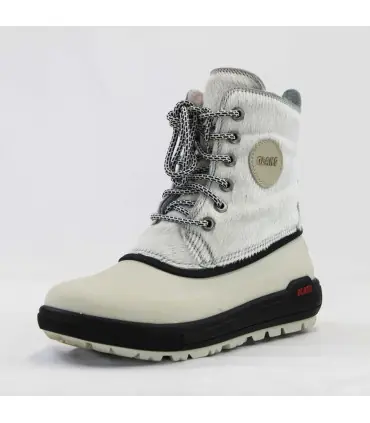 Warme Damenstiefel aus weißem Rindsleder und wasserfestem Gummi.