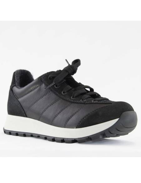 Baskets basses chaudes pour femme en cuir noir et empiècements nubuck