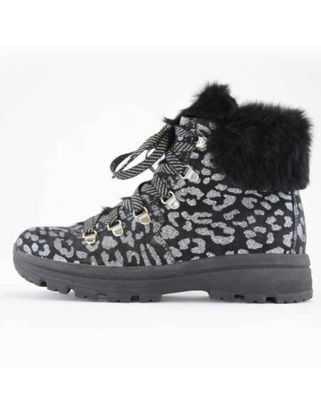 Bottines d'hiver pour femme en cuir noir tâcheté argent et col en poils de lapin