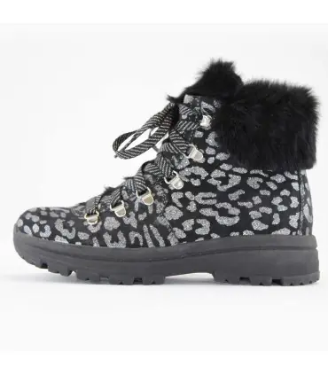 Winterstiefeletten für Damen aus schwarzem Leder mit silbernen Flecken und Kaninchenhaar-Kragen