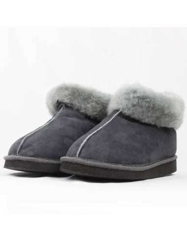 Chaussons chauds suédois pour femme en peau d'agneau gris antracite