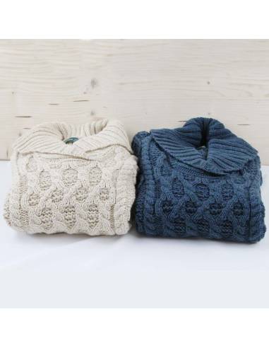 Pull chaud femme hommes torsades irlandais pure laine et col châle