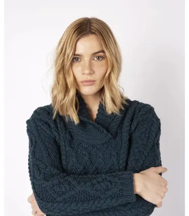 Pull chaud femme torsades irlandais pure laine et col châle