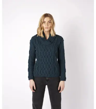 Pull jacquard femme torsades irlandais pure laine et col châle
