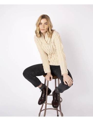 Pull en laine femme torsades irlandais pure laine et col châle