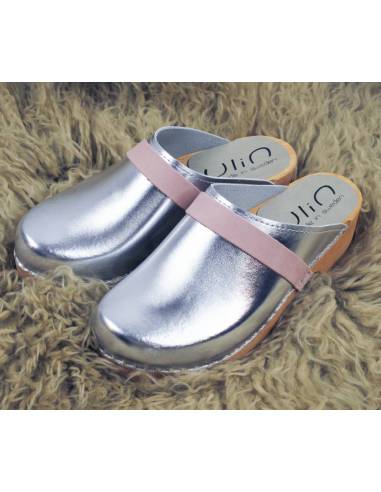 Sabots femme cuir argent métallisé nubuck rose