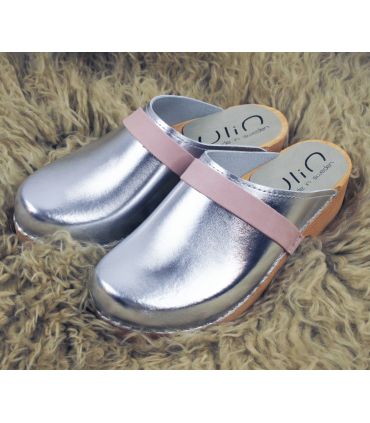 Sabots femme cuir argent métallisé nubuck rose