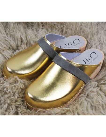 Sabots suédois en bois femme et cuir métallisé OR bande nubuck rose